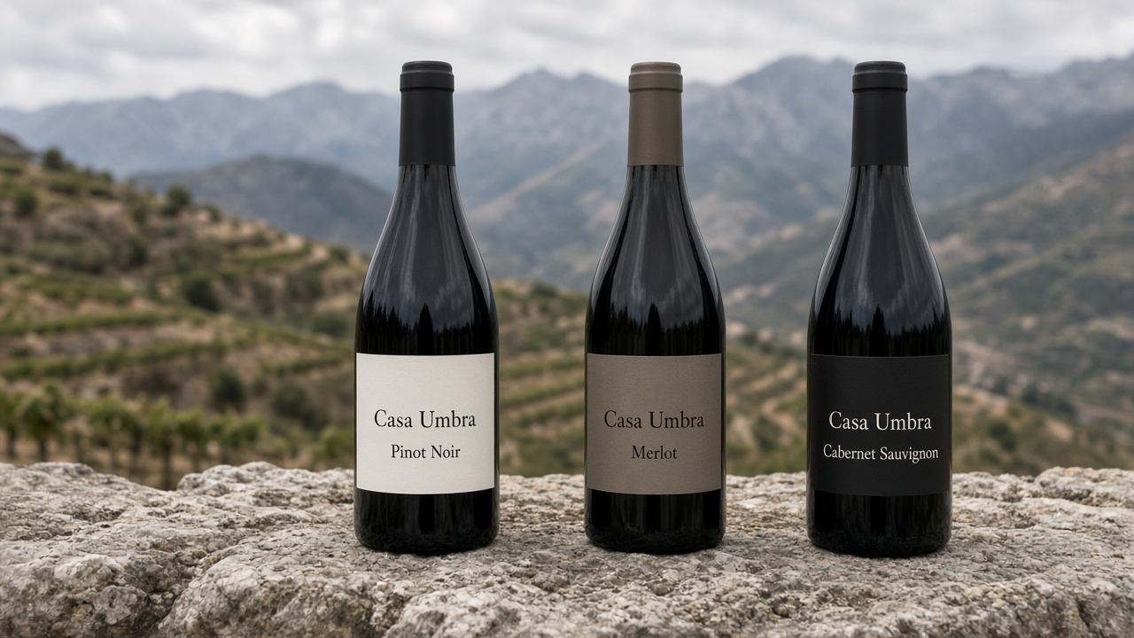 The three Casa Umbra wines: Pinot Noir, Merlot, and Cabernet Sauvignon.