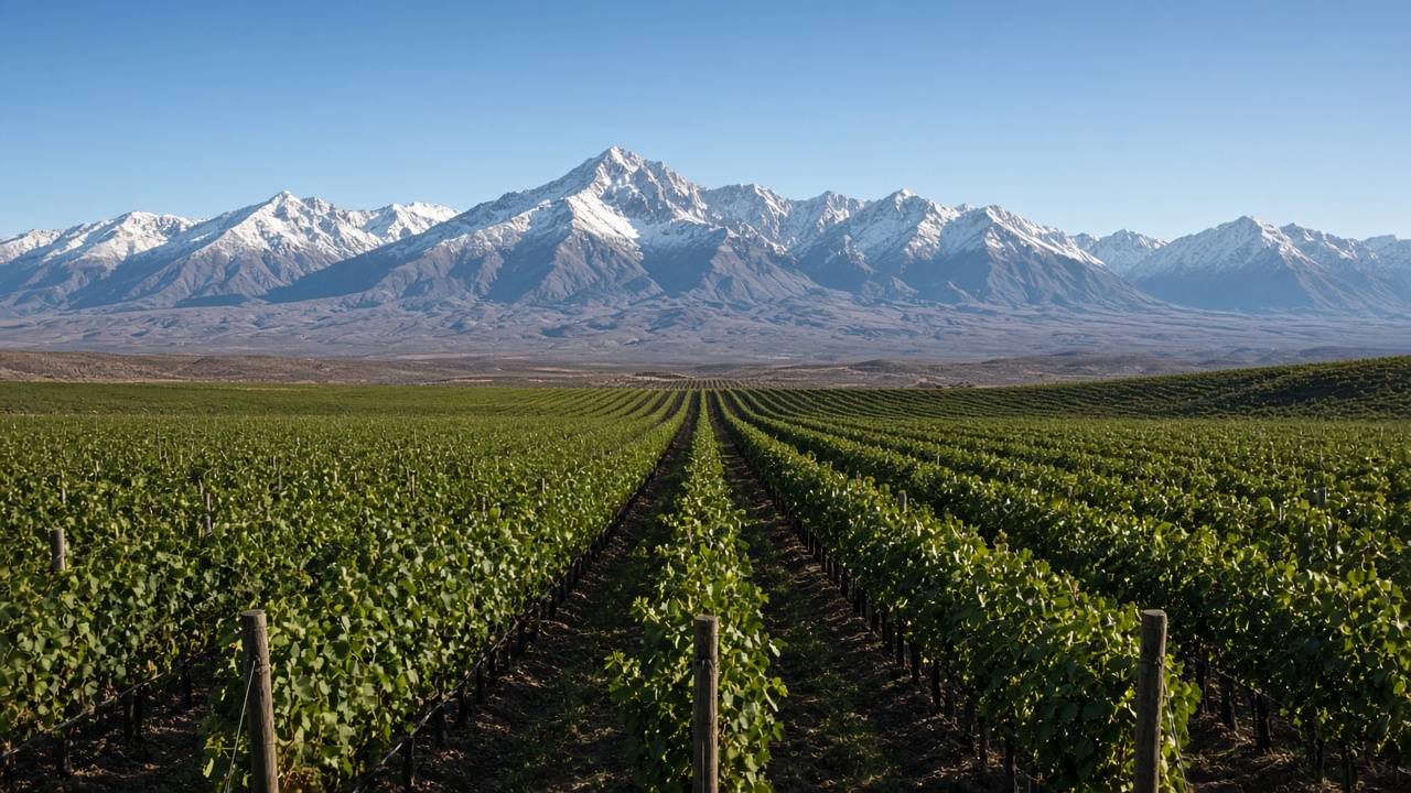 High vine rows in the Valle de Uco, Andes to the west.